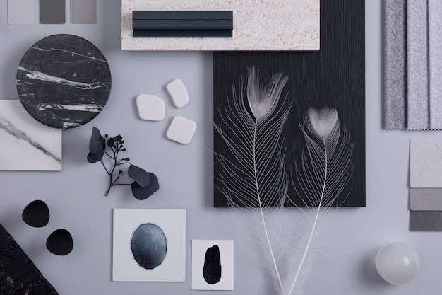 Composición plana creativa en una paleta de colores gris y negro con paneles y azulejos de muestras de pintura y textiles Moodboard de arquitecto y diseñador de interiores Vista superior Espacio de copia Plantilla