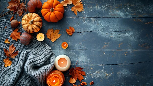 Una composición plana de decoración de temática de otoño que incluye velas de calabazas y hojas que crean un