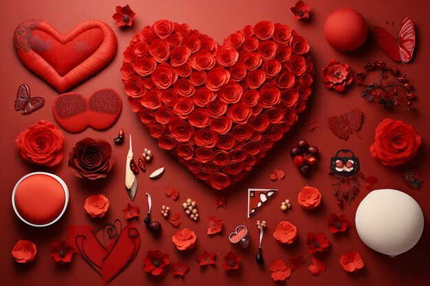 Composición plana festiva de un gran corazón hecho de rosas joyas bijou sobre fondo rojo Día de San Valentín 14 de febrero concepto de celebración carta postal de amor Maqueta con espacio de copia