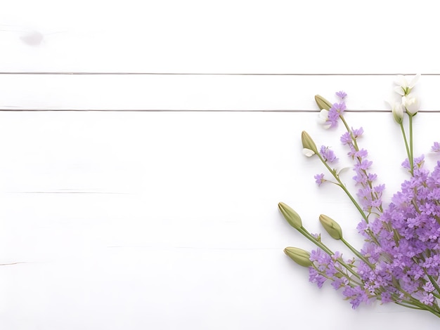 Foto composición plana de flores botánicas con concepto de marco de fondo de madera