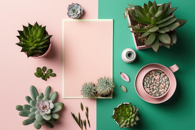 Una composición plana con un fondo rosa presenta flores en una maceta