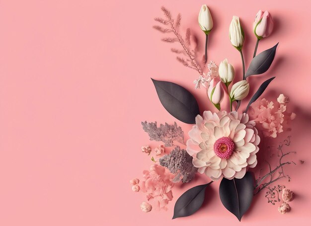 composición plana con hermosas flores de aster y tarjeta en blanco de fondo rosa