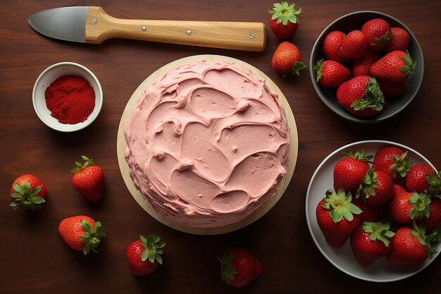 Foto una composición plana con los ingredientes utilizados para hacer un pastel de fresa