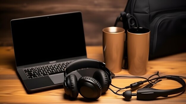 Composición plana con micrófono para podcasts y auriculares de estudio negros sobre fondo marrón