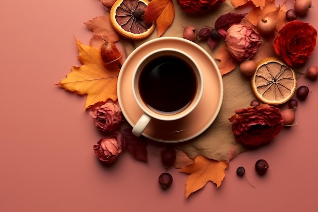 Composición plana de otoño Taza de té otoño hojas secas brillantes rosas flores círculo naranja conos granada decorativa palitos de canela sobre fondo beige marrón vista superior Concepto de otoño otoño