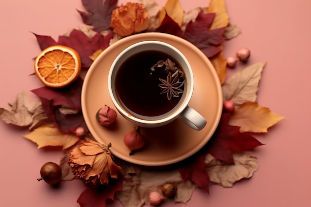 Composición plana de otoño Taza de té otoño hojas secas brillantes rosas flores círculo naranja conos granada decorativa palitos de canela sobre fondo beige marrón vista superior Concepto de otoño otoño