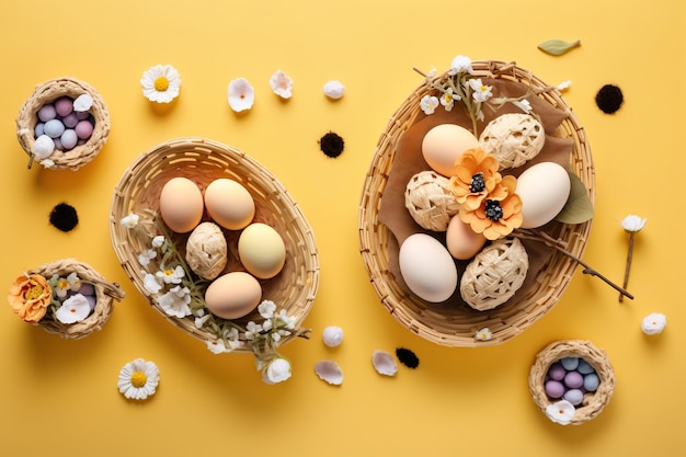 Composición plana de pascua con huevos de pascua en una canasta con flores