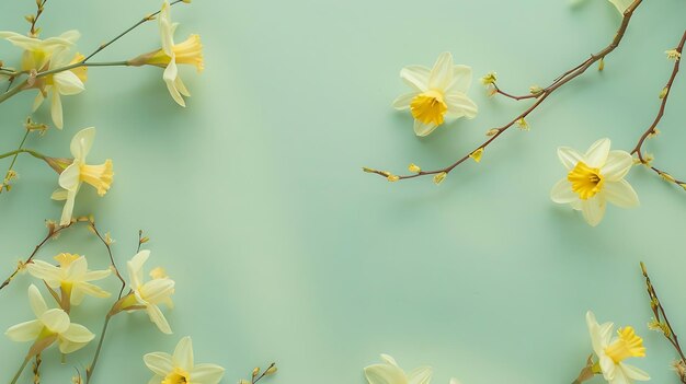 Composición plana de primavera en fondo verde pastel con espacio de copia Narcisos y IA generativa