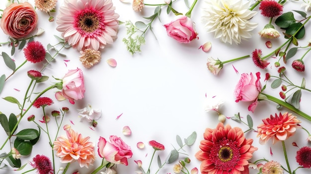 Composición plana de varias flores rosadas y blancas con espacio de copia