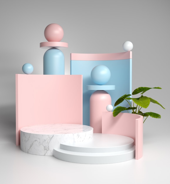 Composición de planta de jardín de composición abstracta en blanco pastel para mostrar productos y cosméticos con soporte de mármol, representación 3D.