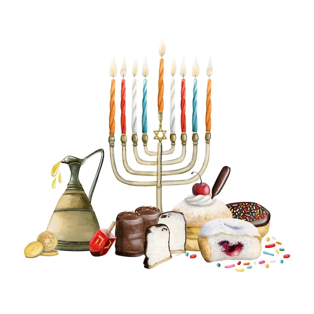 Composición de plantilla de tarjeta de felicitación de Hanukkah con símbolos de vacaciones Menorah dreidel donuts velas