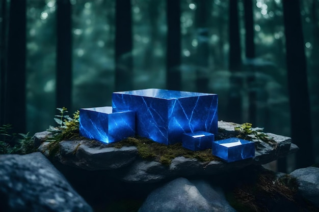 Composición de podio cosmético de piedra azul cúbica natural con cuarzo en el bosque