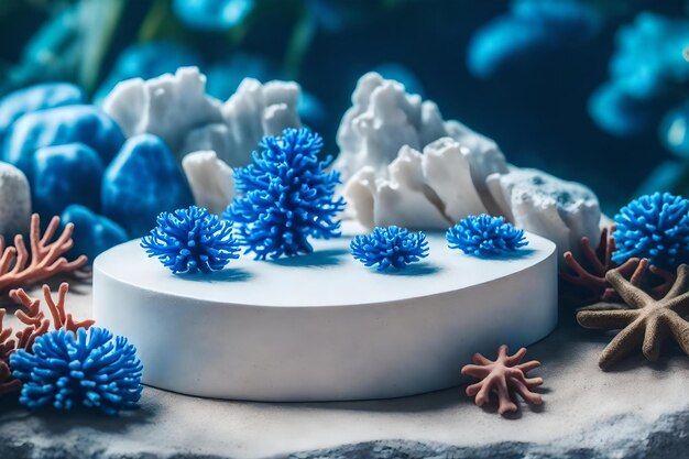 Composición de podio cosmético de piedra blanca plana con corales azules en el bosque tropical materiales hiperrealistas