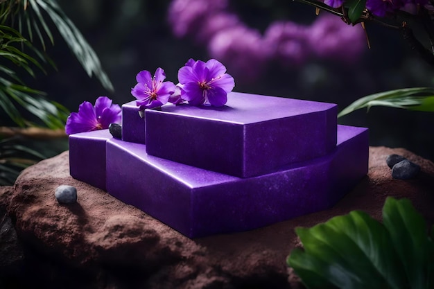 Composición de podio cosmético de piedra púrpura cúbica natural con flor de sakura en el bosque tropical