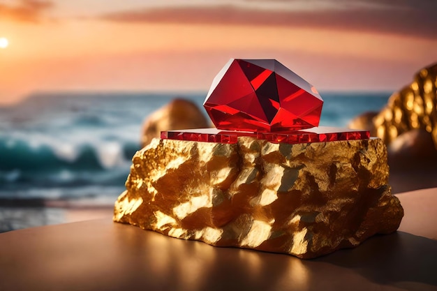 Composición de podio cosmético de roca dorada cúbica con cristal rojo junto al mar materiales hiperrealistas