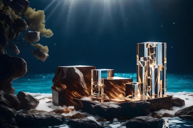 Composición de podio cosmético de roca marrón cúbica natural con hielo cristalino junto al océano azul