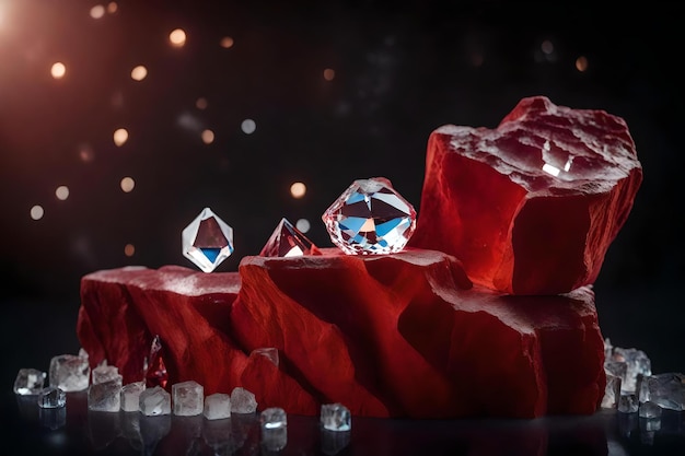 Composición de podio de roca roja plana con hielo de cristal en el estudio fotográfico hermosos materiales