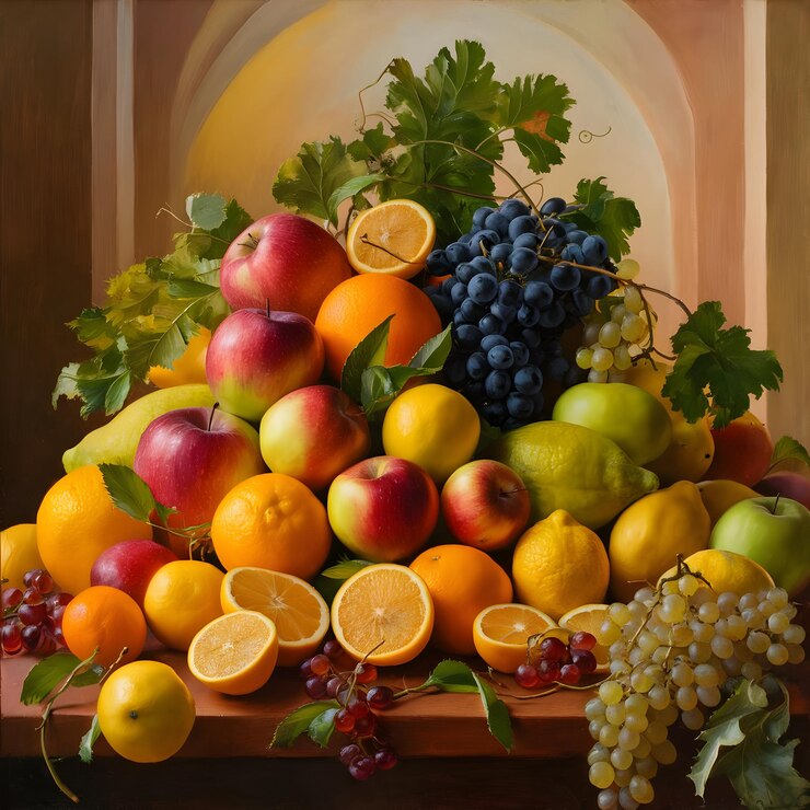 La composición presenta frutas frescas maduras como manzanas naranjas limones y uvas todas dispuestas