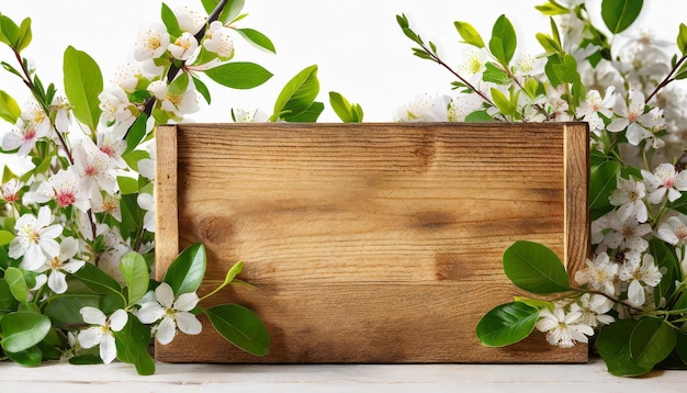 composición de primavera una caja de madera con flores y hojas en una mesa blanca