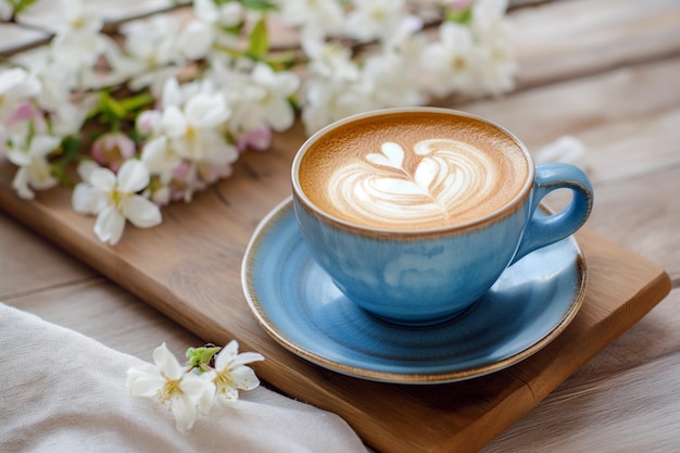 Composición de primavera con taza de café caliente entre ramas de árboles en flor al aire libre Taza de café con arte latte y flor de primavera Mesa de café en un jardín de primavera concepto de primavera