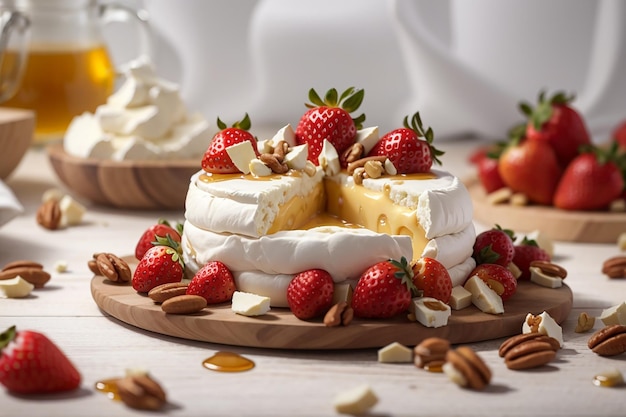 Composición con queso camembert, nueces, fresas y miel.