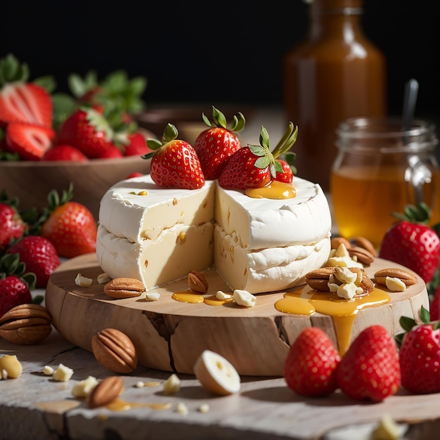 Composición con queso camembert, nueces, fresas y miel.