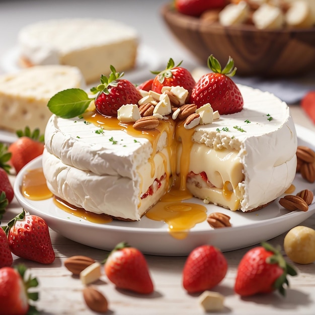 Composición con queso camembert, nueces, fresas y miel.