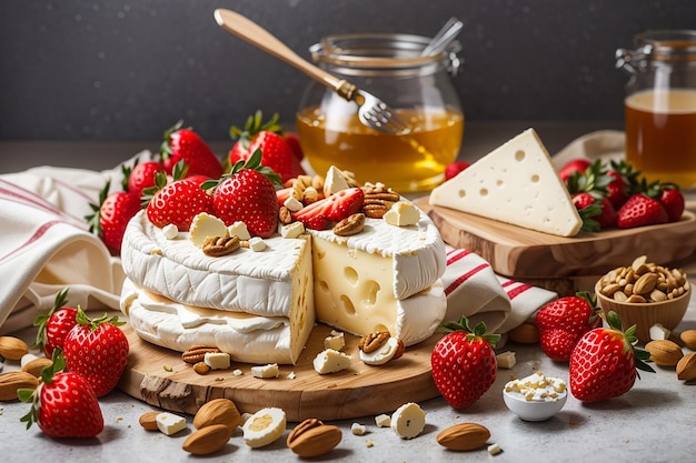 Composición con queso camembert, nueces, fresas y miel.