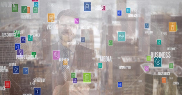 Foto composición de la red de iconos digitales en línea y texto sobre empresario con tableta en office