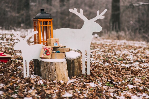 composición con regalos de Navidad en el bosque, en el tocón, nieve, hojas caídas, Deer de madera