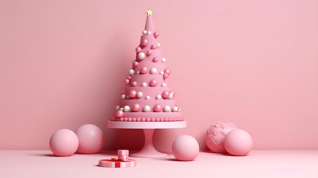 Composición de renderizado 3D Árbol de Navidad con regalos en rosa IA generativa