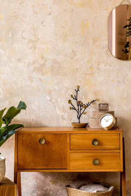 Composición retro del interior de la sala de estar con inodoro vintage de madera, espejo rosa dorado, planta, canasta de ratán, cuadros, decoración y elegantes accesorios personales en la decoración del hogar wabi sabi.