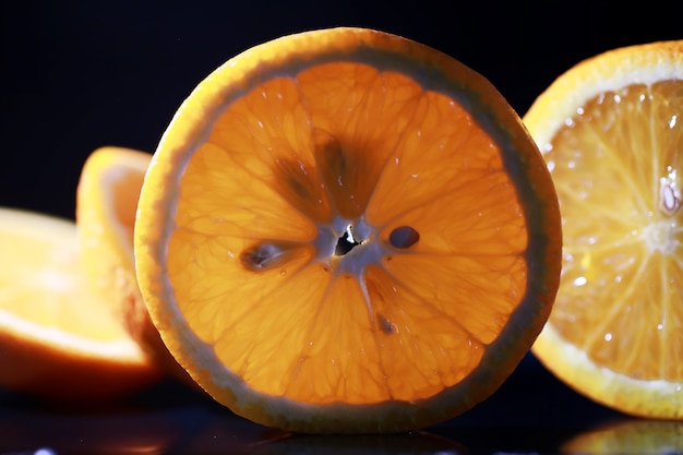 Foto composición con rodajas de naranja y pomelo sobre un fondo negro