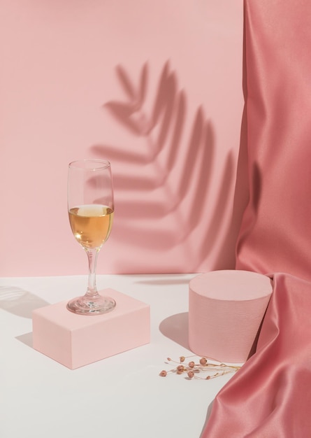 Composición romántica rosa pastel del Día de San Valentín con cortina de copa de vino y sombra Podio del producto