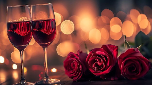 Foto composición romántica con rosas rojas y copas de vino