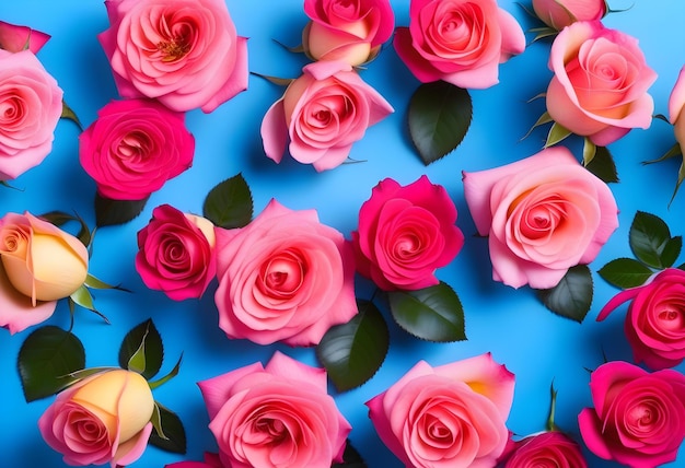 Composición de rosas sobre un fondo azul