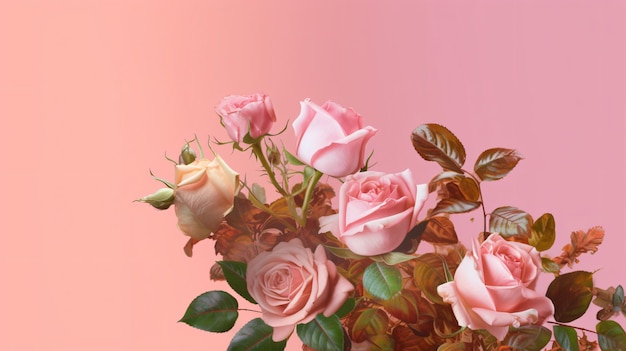 composición de rosas sobre fondo rosa