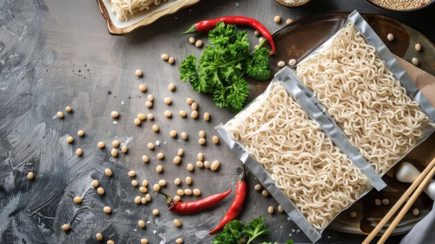 Composición con sabrosos fideos de soja y verduras en la mesa Comida tradicional asiática