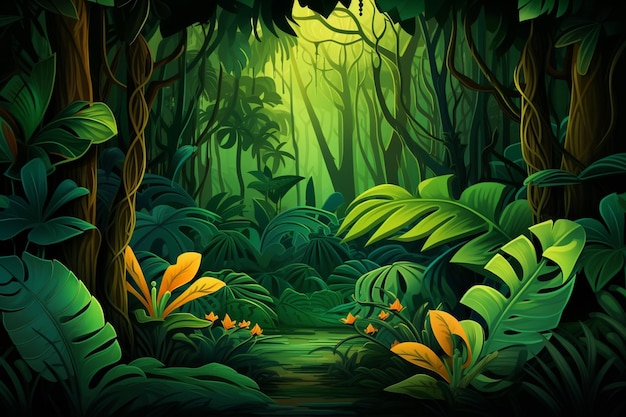 Composición de la selva de colores grandes hojas verdes y árboles en la densa ilustración vectorial de la selva