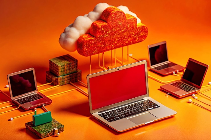 Foto composición de los servicios de computación en nube isométrica
