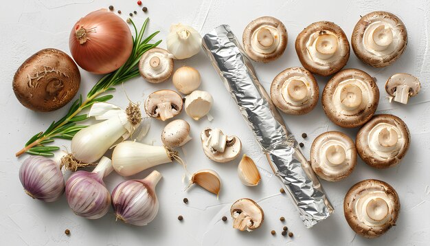 Composición con setas crudas, cebolla, ajo y rollo de papel de aluminio sobre un fondo de azulejos claros