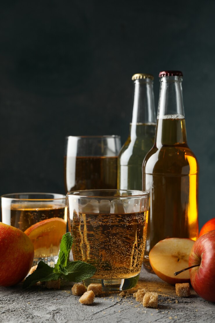 Foto composición con sidra, azúcar y manzanas en gris