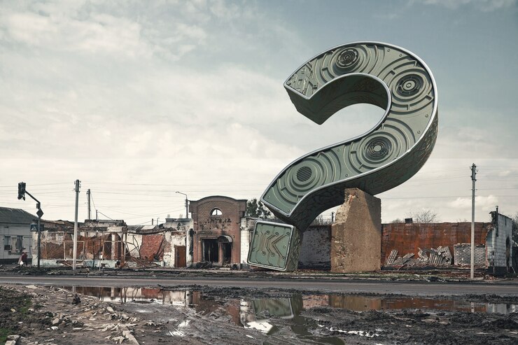 Foto composición con signo de interrogación y paisaje urbano.