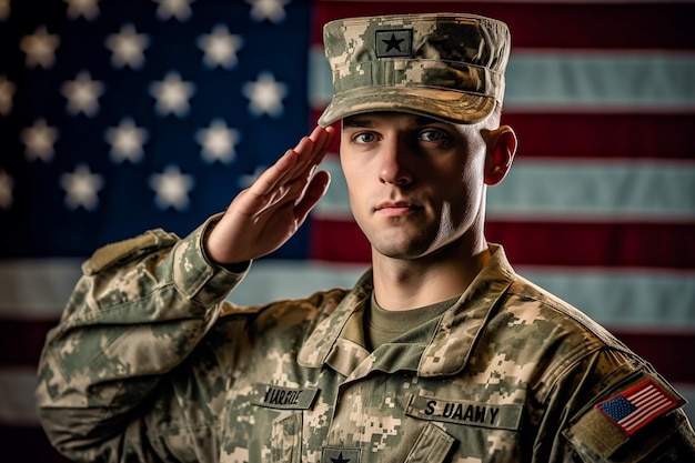 Composición de la silueta del soldado contra el atardecer con bandera americana