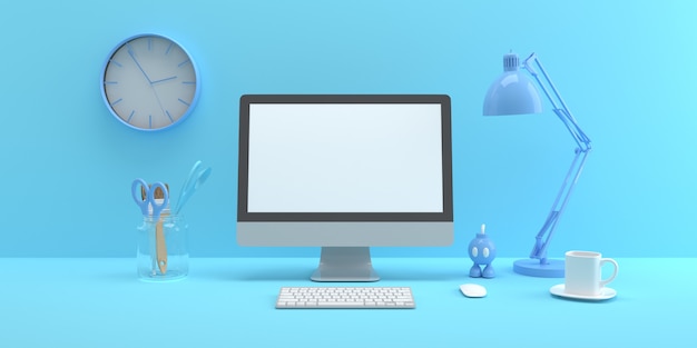 Composición simulada con pantalla de computadora y útiles de oficina