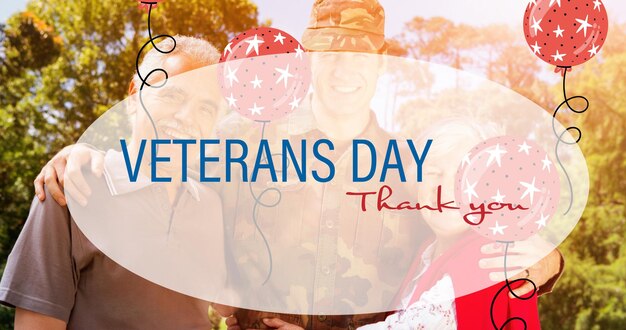 Composición del soldado masculino abrazando a padres sonrientes sobre el texto del día de los veteranos