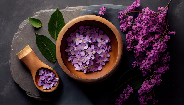 Composición de spa y bienestar con flores lilas perfumadas en cuenco de madera y aromaterapia con toallas de felpa