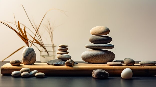 composición de spa de piedras y flores de orquídeas sobre mesa de madera blanca