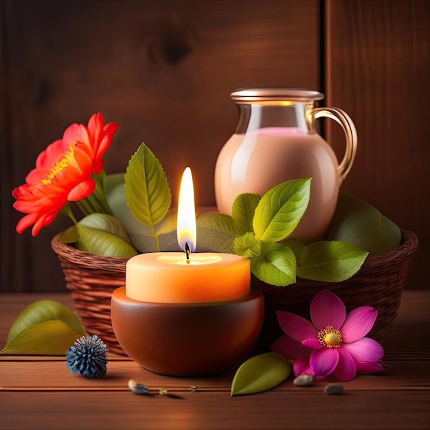 Composición de spa con velas encendidas y hermosas flores sobre fondo de madera