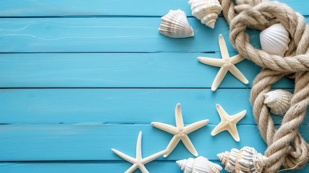 Composición con temas náuticos con estrellas de mar y conchas en madera azul